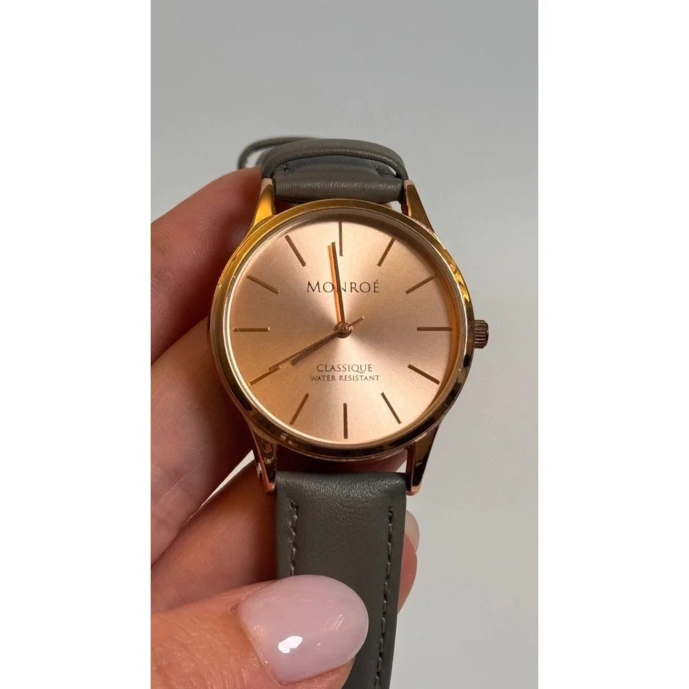 Monroe‎ By Maestro Classique Rose Gold Tone Round Case Gray Leather Band Watch